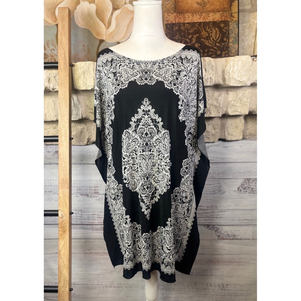Metaphor Womens Large Black White Paisley Medallion Kaftan Tunic Top